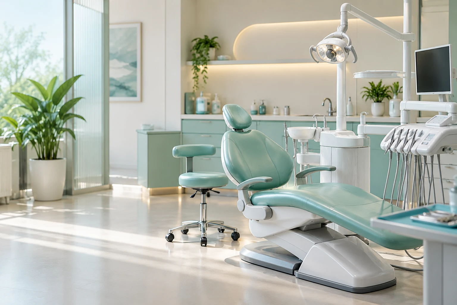 Illustrative modern mint dental clinic interior