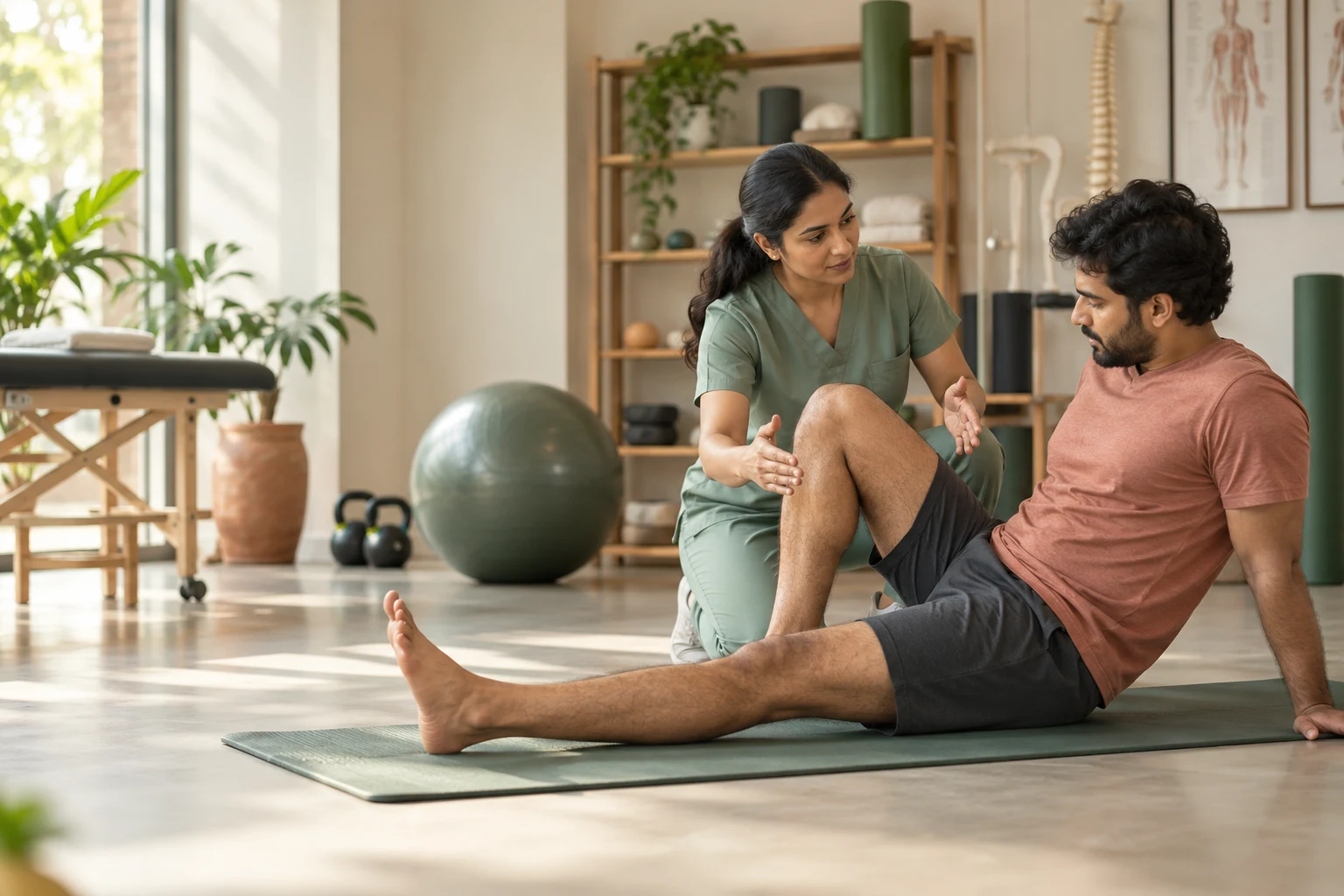 Illustrative Indian physiotherapist explaining an exercise in a clinic