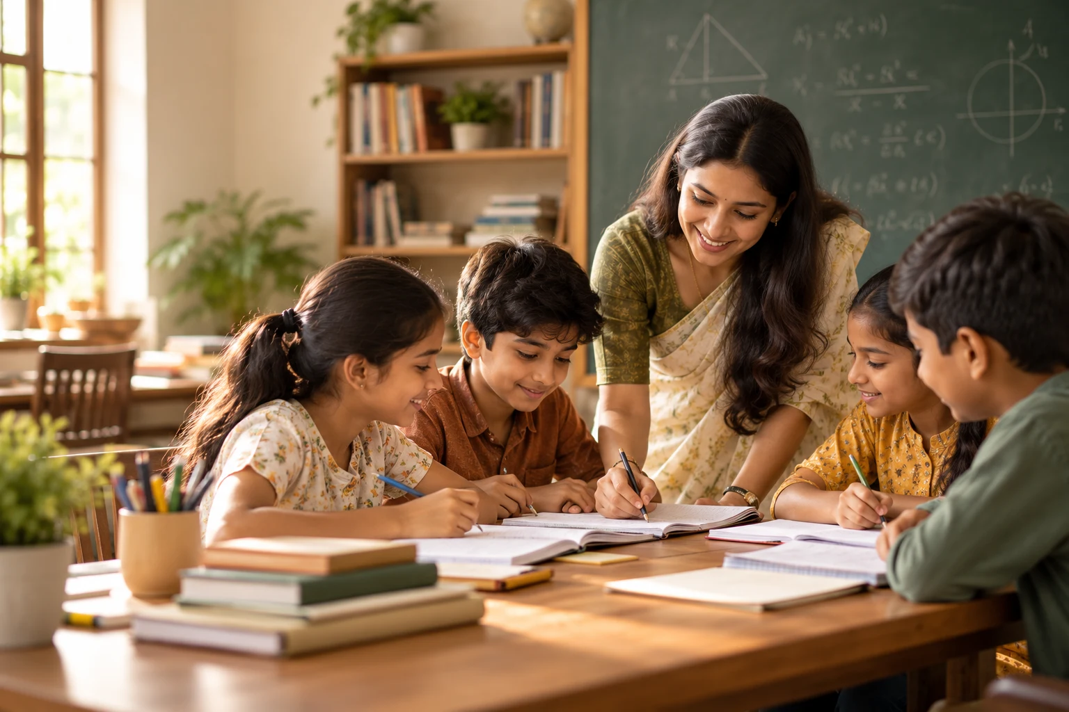 Illustrative Indian tuition teacher helping school students with notebooks
