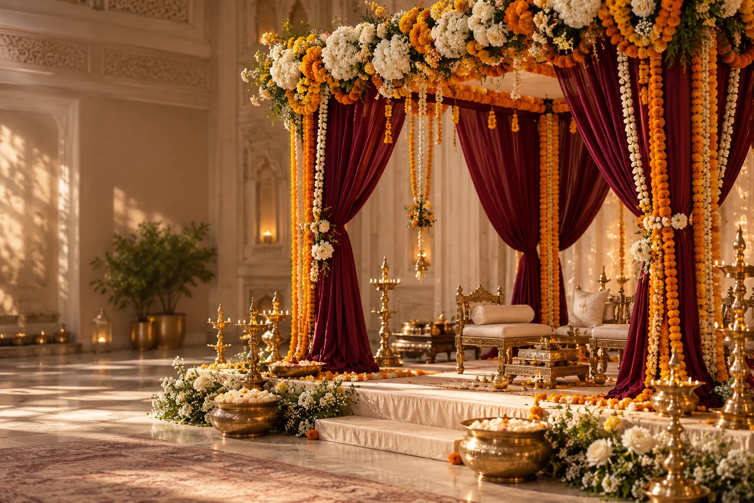 Illustrative Indian wedding mandap with warm lighting and marigold flowers